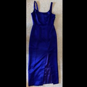 dark purple long dress with slit at the bottom